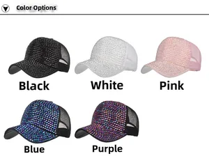 Sparkling rhinestone baseball caps in black, white, pink, blue, and purple color options