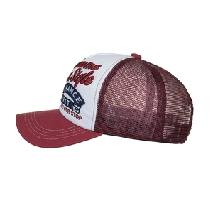 Three-color mesh trucker hat with 3D embroidery and breathable rear panels