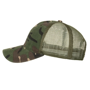 Classic camouflage trucker hat with breathable green mesh for outdoor sun protection