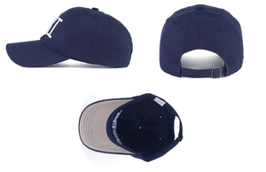 Detailed views of navy blue cotton baseball cap with NY embroidery and metal buckle