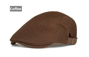 Coffee brown breathable mesh flat cap detail with adjustable side metal buckle