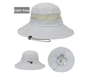 Detail view of light grey sun hat with breathable mesh and adjustable chin strap