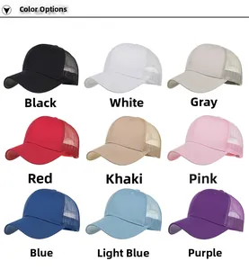Grid display of mesh trucker hats in nine vibrant colors with breathable back panels