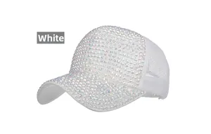 Close-up of white mesh baseball cap featuring shimmering AB rhinestones and breathable net