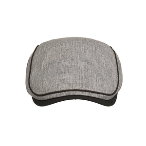 Men's classic grey flat cap with black brim featuring woven textured fabric