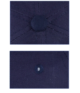 Detail of navy blue baseball cap showing top button, reinforced stitching and eyelets