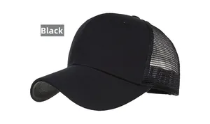 Detailed side view of black mesh trucker hat with breathable fabric and curved brim