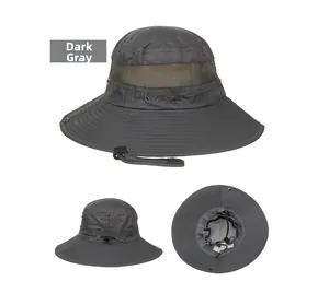 Detail view of the breathable mesh and adjustable drawstring on a dark grey sun hat