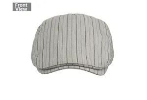 Detailed front view of a light gray pinstripe flat cap with herringbone texture