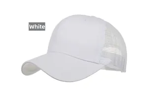 Detail view of a white trucker hat with mesh back and curved visor shown from a 45-degree angle