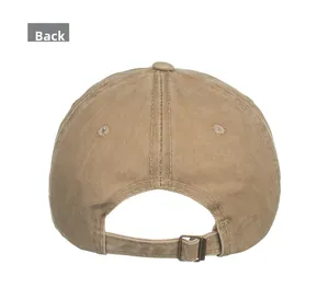 Rear view of khaki cotton canvas baseball cap featuring an adjustable metal buckle strap