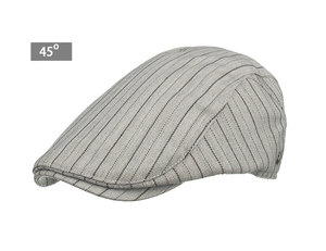 Detail view of the gray herringbone newsboy cap with classic vertical pinstripe texture