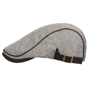 Classic grey mixed fabric flat cap for men with bronze metal buckle on white background
