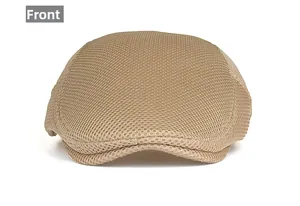 Front view detail of a khaki mesh flat cap showing breathable honeycomb fabric texture