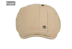 Vue frontale de la casquette plate en coton kaki avec coutures et rivets métalliques décoratifs
