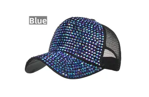 Detailed view of blue gradient rhinestones and mesh back on this stylish baseball cap