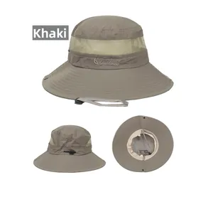 Close-up of breathable mesh panel and adjustable drawstring on khaki sun bucket hat