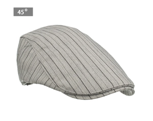 Detail view of striped newsboy cap featuring 45-degree profile and fine fabric texture