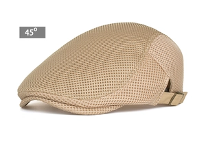 Detail view of the breathable beige mesh newsboy cap with adjustable metal buckle strap