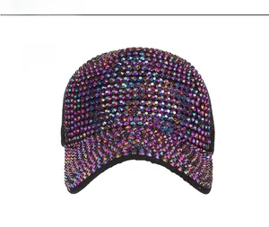 Front view detail showing colorful gradient rhinestones on a black baseball cap