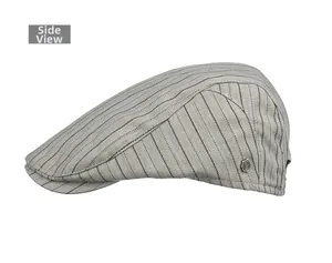 Side view of classic striped newsboy cap featuring detailed twill fabric and metal logo
