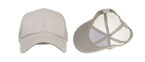 Detail of the breathable mesh back and inner wash label on the beige baseball cap