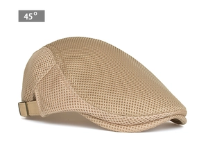 Detail view of beige mesh newsboy cap showing breathable fabric and metal buckle