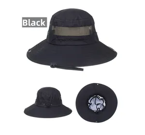Detail of black sun hat with breathable mesh vents and adjustable windproof strap
