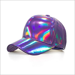 Detail shot of holographic purple laser material on a stylish sun visor cap
