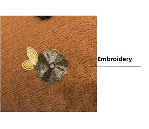 Detailed macro view of retro brown newsboy hat with colorful floral embroidery texture