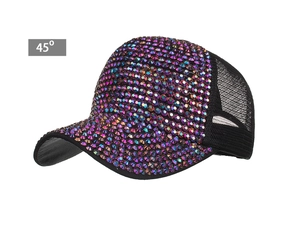 Detail view of sparkly multicolored rhinestones on a black mesh baseball cap from a 45-degree angle