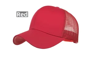 Detail view of a red mesh baseball cap with breathable back and curved brim for outdoor