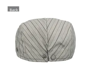 Rear view of grey pinstripe newsboy cap showing textured fabric and vintage metal buckle