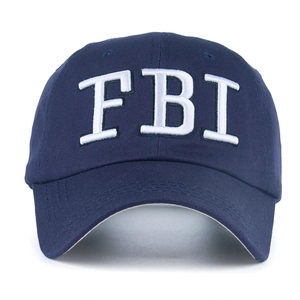 Navy blue baseball cap with white 3D FBI letter embroidery on cotton twill fabric