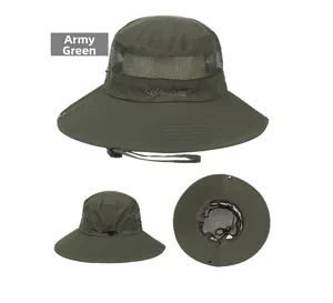Detail of army green sun hat with breathable mesh, wide brim and adjustable chin strap