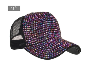 Detail view of black breathable mesh baseball cap with colorful rhinestones from 45 degree angle