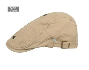 Vue latérale d'une casquette plate kaki avec rivets métalliques et boucle de réglage