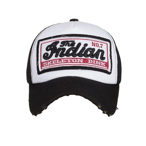 Vintage washed cotton trucker hat with skeleton embroidery and distressed black brim