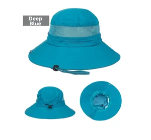 Detail view of dark blue sun hat featuring breathable mesh design and adjustable wind cord