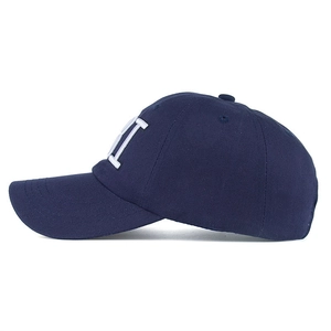 Classic dark blue baseball cap with 3D white H letter embroidery in side view
