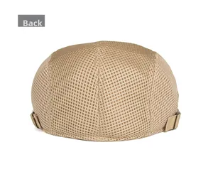Detail of khaki mesh newsboy cap back view with adjustable buckle and breathable fabric