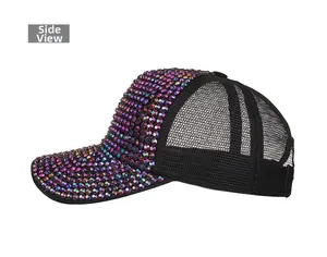 Side view of black mesh trucker hat featuring colorful rhinestones on brim and front