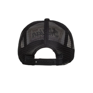 Adjustable black mesh trucker hat with snapback closure and embroidered lettering