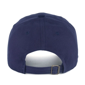 Rear view of navy blue cotton baseball cap with adjustable fabric strap and metal buckle