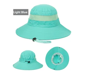 Detail of light blue sun hat featuring breathable mesh vents and adjustable chin strap