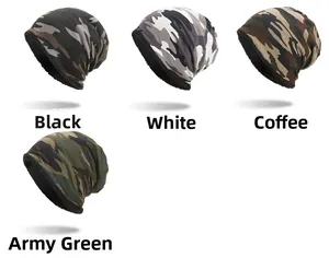 Detail view of four camo beanie colors with thick black fleece lining for winter warmth