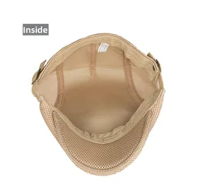 Detail view of khaki newsboy cap interior featuring breathable mesh and adjustable buckle