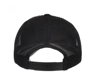 Rear view of adjustable black mesh trucker hat with plastic strap and breathable fabric
