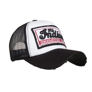 Retro washed cotton trucker hat with embroidered Indian Skeleton patch and mesh back