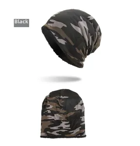Detail of winter camo beanie showing warm black fleece lining and knitted texture